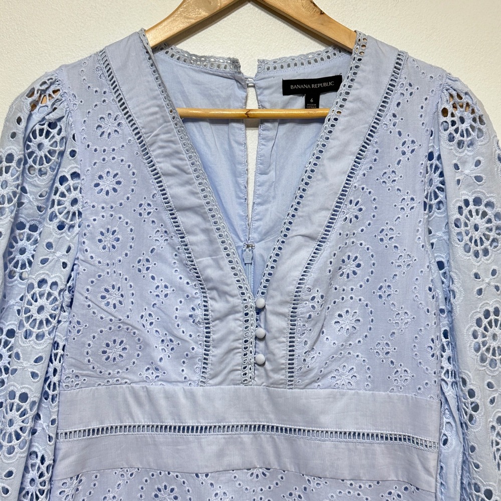 Banana Republic Eyelet Lace Puff Sleeve Mini Dress Womens 6 Preppy Cottage Party - Picture 5 of 13